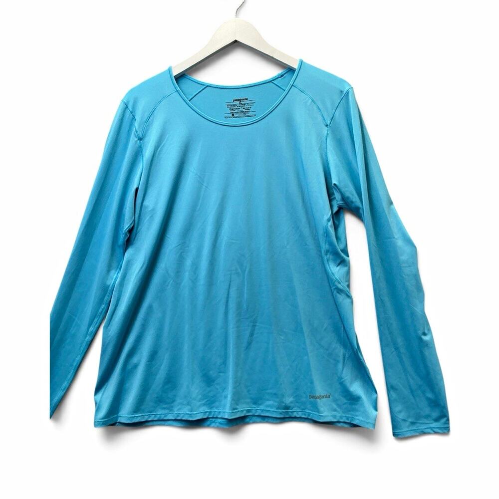 Patagonia Women's XL Blue Long Sleeve Crew Neck Activewear Tee Stretch Logo